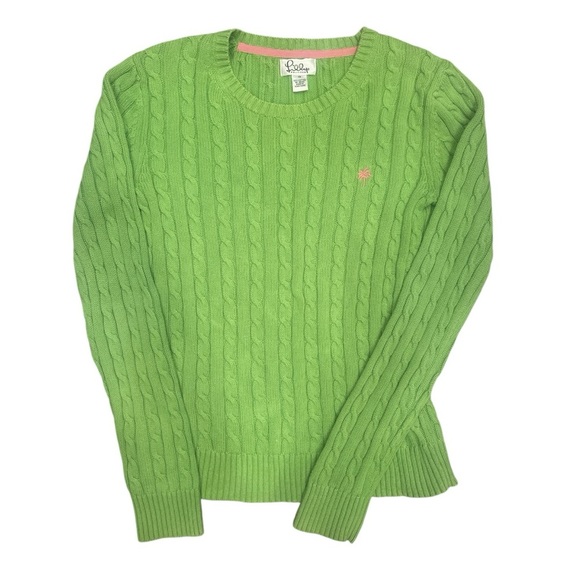 Lilly Pulitzer Green Cable Knit Sweater Pink Palm Tree Sz XS Vintage - Picture 9 of 9